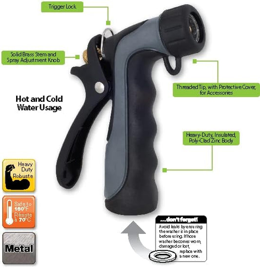 65144AMZ Hot Water Hose Nozzle with Adjustable Spray Pattern, Metal Core, Insulated Grip, 160°F Rated, High Pressure Spray, Quick Connect Bundle, Black, Gray