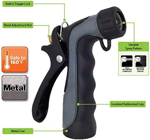 65144AMZ Hot Water Hose Nozzle with Adjustable Spray Pattern, Metal Core, Insulated Grip, 160°F Rated, High Pressure Spray, Quick Connect Bundle, Black, Gray