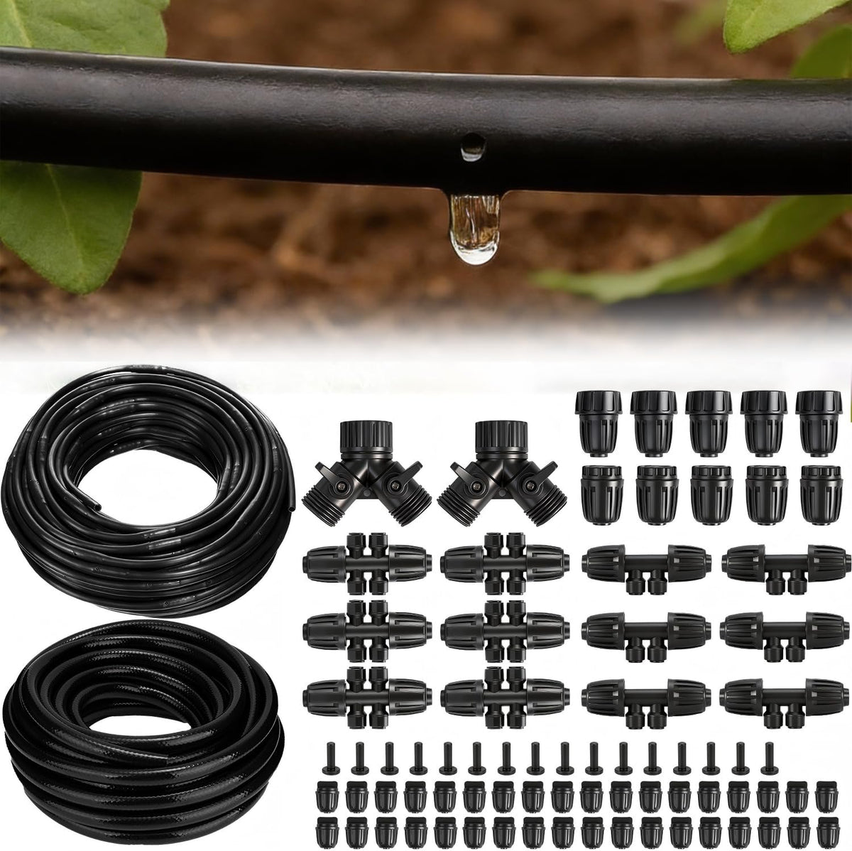 250FT Drip Irrigation Tubing Kit with 1/2 Irrigation tubing, 1/4 inch Dripline, and Irrigation Parts for Garden, Raised Beds, and Greenhouse Watering