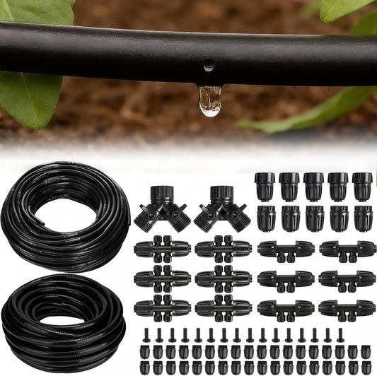 250FT Drip Irrigation Tubing Kit with 1/2 Irrigation tubing, 1/4 inch Dripline, and Irrigation Parts for Garden, Raised Beds, and Greenhouse Watering