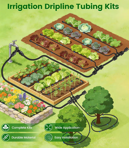 250FT Drip Irrigation Tubing Kit with 1/2 Irrigation tubing, 1/4 inch Dripline, and Irrigation Parts for Garden, Raised Beds, and Greenhouse Watering