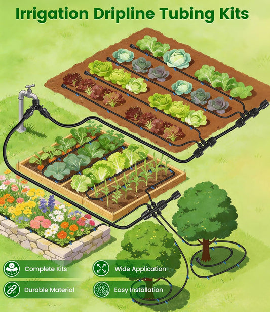 250FT Drip Irrigation Tubing Kit with 1/2 Irrigation tubing, 1/4 inch Dripline, and Irrigation Parts for Garden, Raised Beds, and Greenhouse Watering