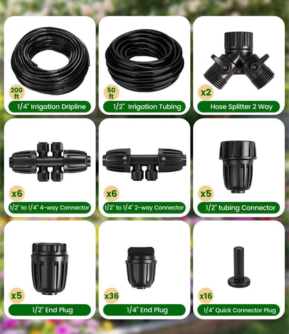 250FT Drip Irrigation Tubing Kit with 1/2 Irrigation tubing, 1/4 inch Dripline, and Irrigation Parts for Garden, Raised Beds, and Greenhouse Watering