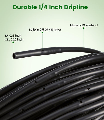250FT Drip Irrigation Tubing Kit with 1/2 Irrigation tubing, 1/4 inch Dripline, and Irrigation Parts for Garden, Raised Beds, and Greenhouse Watering