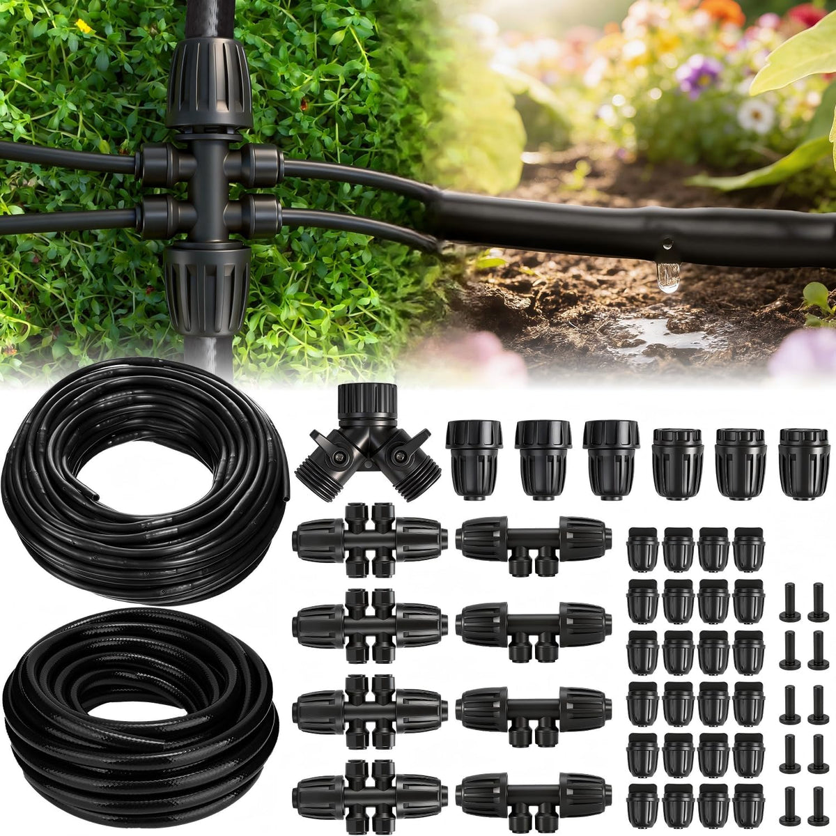 250FT Drip Irrigation Tubing Kit with 1/2 Irrigation tubing, 1/4 inch Dripline, and Irrigation Parts for Garden, Raised Beds, and Greenhouse Watering