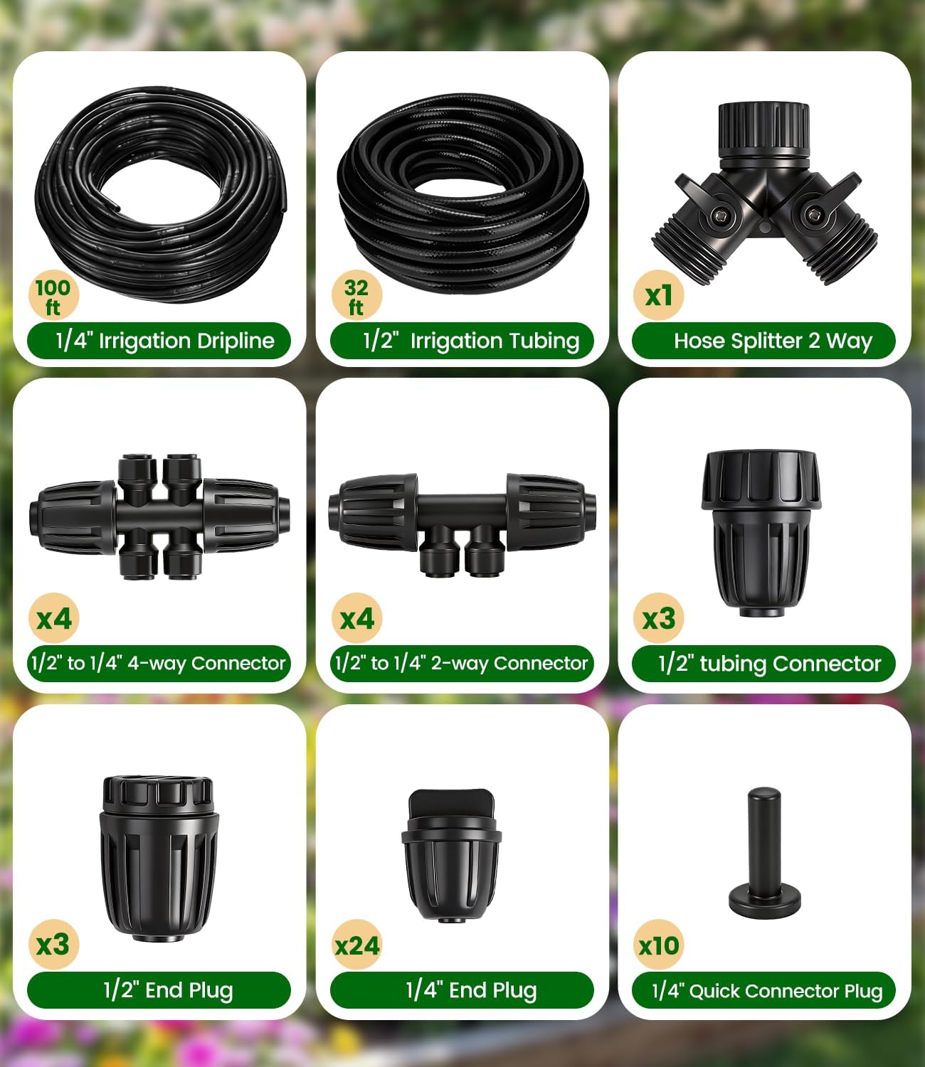 250FT Drip Irrigation Tubing Kit with 1/2 Irrigation tubing, 1/4 inch Dripline, and Irrigation Parts for Garden, Raised Beds, and Greenhouse Watering