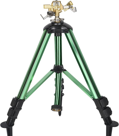 Impact Sprinkler on Tripod Base, 360° Adjustable Brass Sprinkler Head with Stakes, Heavy Duty Metal Tripod Lawn Sprinkler for Large Area Lawn, Yard & Garden Irrigation, 1 Pack