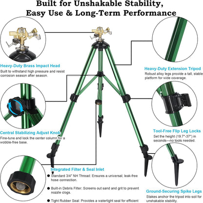 Impact Sprinkler on Tripod Base, 360° Adjustable Brass Sprinkler Head with Stakes, Heavy Duty Metal Tripod Lawn Sprinkler for Large Area Lawn, Yard & Garden Irrigation, 1 Pack