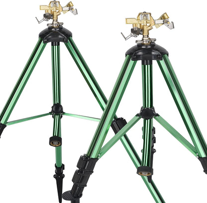 Impact Sprinkler on Tripod Base, 360° Adjustable Brass Sprinkler Head with Stakes, Heavy Duty Metal Tripod Lawn Sprinkler for Large Area Lawn, Yard & Garden Irrigation, 1 Pack
