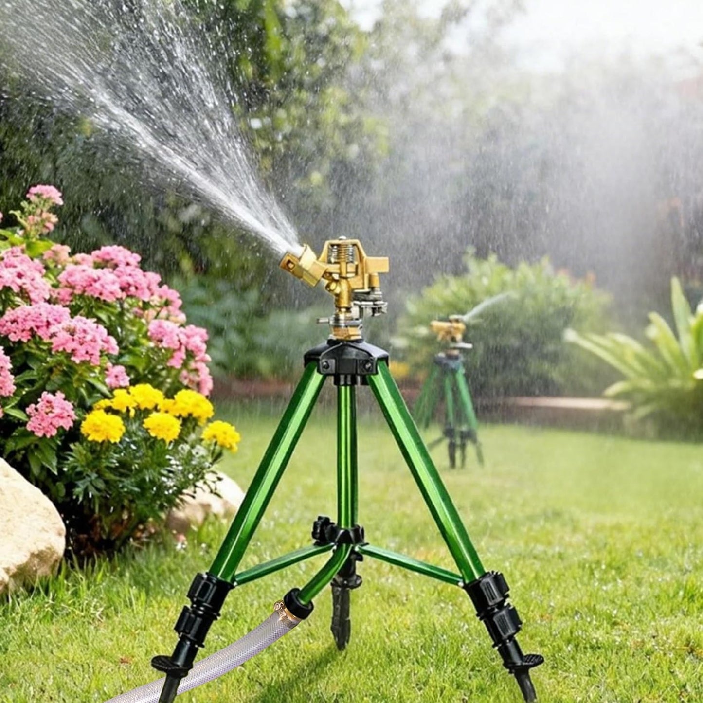 Impact Sprinkler on Tripod Base, 360° Adjustable Brass Sprinkler Head with Stakes, Heavy Duty Metal Tripod Lawn Sprinkler for Large Area Lawn, Yard & Garden Irrigation, 1 Pack
