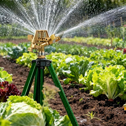 Impact Sprinkler on Tripod Base, 360° Adjustable Brass Sprinkler Head with Stakes, Heavy Duty Metal Tripod Lawn Sprinkler for Large Area Lawn, Yard & Garden Irrigation, 1 Pack