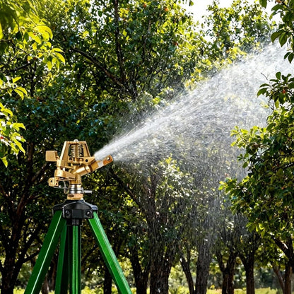 Impact Sprinkler on Tripod Base, 360° Adjustable Brass Sprinkler Head with Stakes, Heavy Duty Metal Tripod Lawn Sprinkler for Large Area Lawn, Yard & Garden Irrigation, 1 Pack