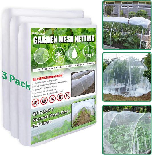 Garden Netting, Ultra Fine Mesh, 8x24 FT, White, 3 Pack