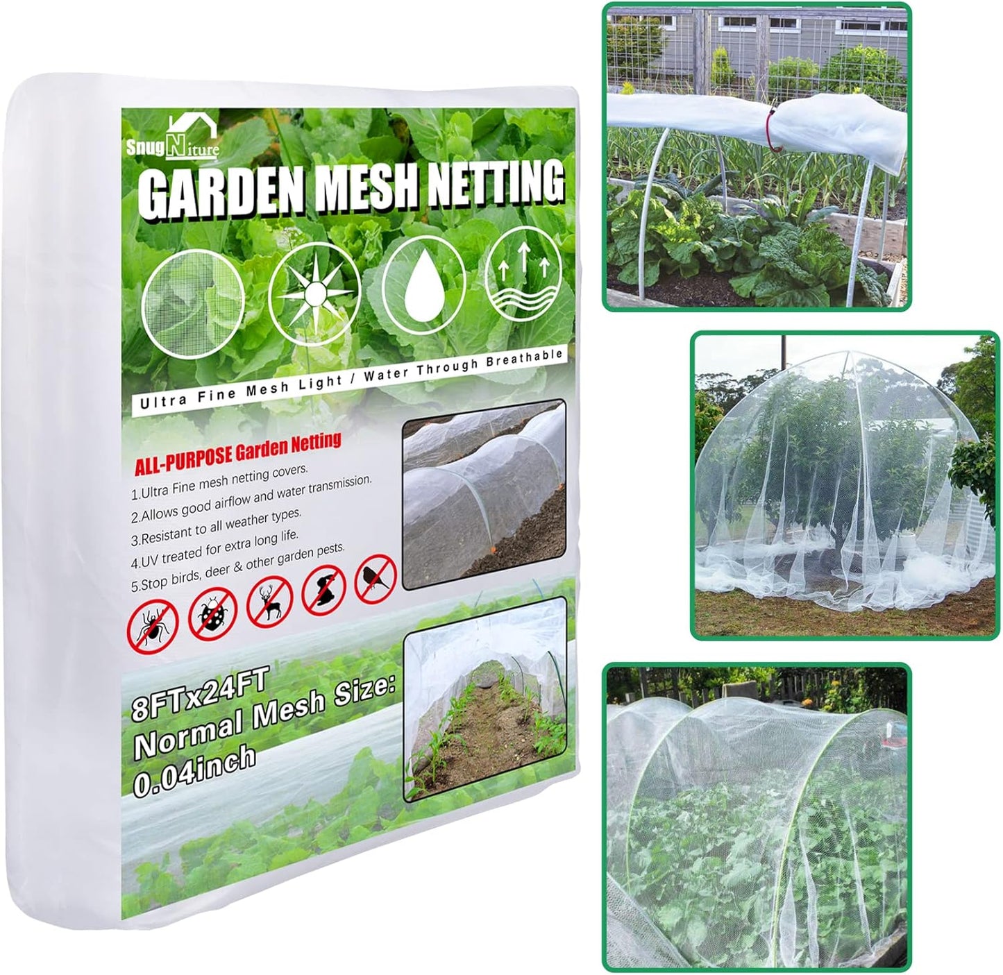 Garden Netting, Ultra Fine Mesh, 8x24 FT, White, 3 Pack