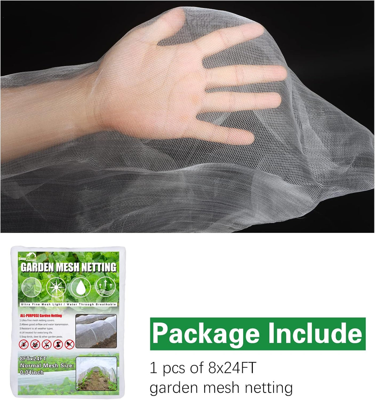 Garden Netting, Ultra Fine Mesh, 8x24 FT, White, 3 Pack