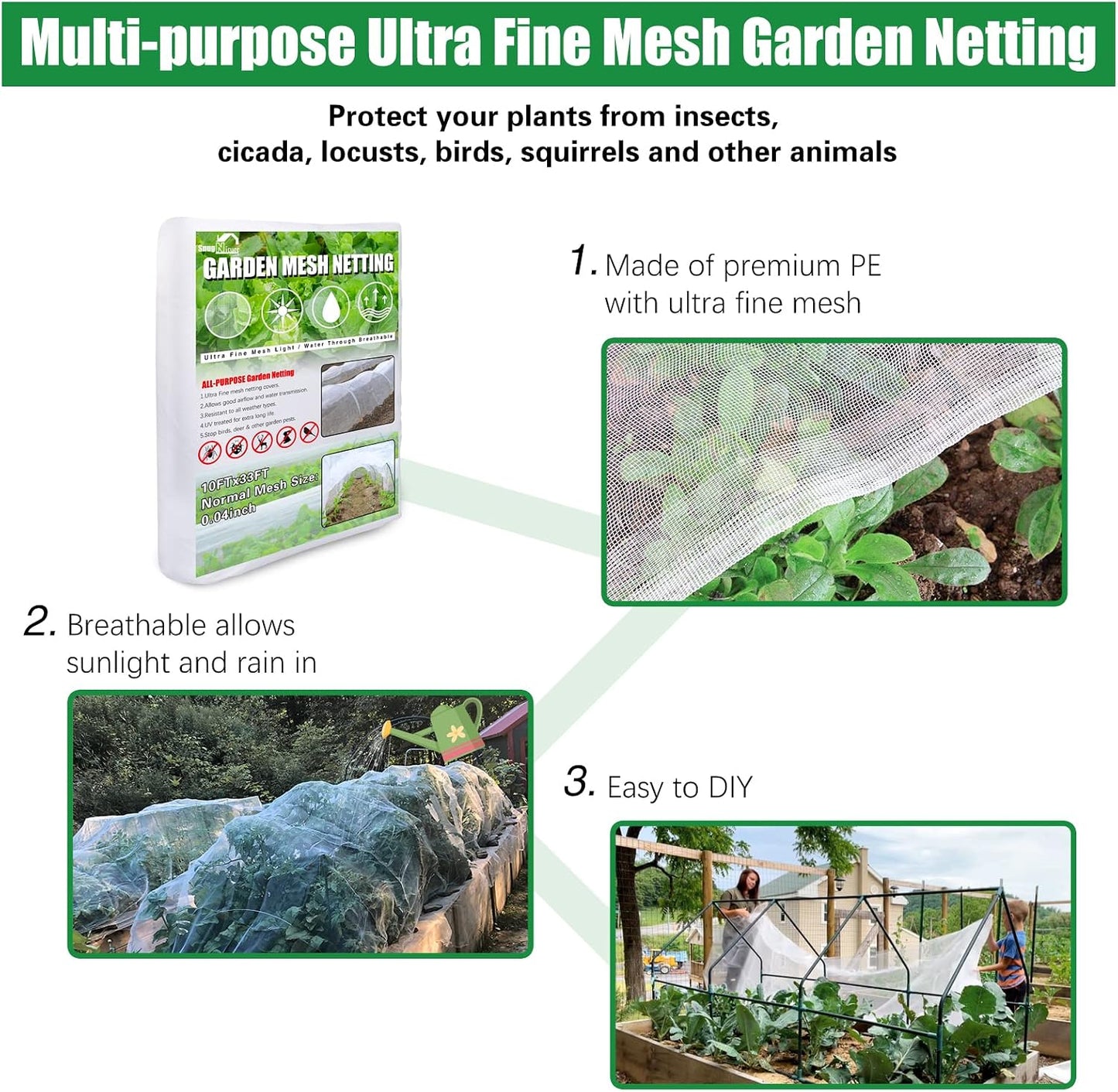 Garden Netting, Ultra Fine Mesh, 8x24 FT, White, 3 Pack
