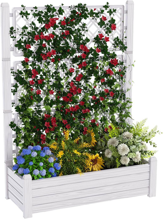 Elevated Raised Garden Bed with Trellis,Resin Planter Boxes Outdoor for Backyard Balcony,Large Patio Planter Box for Herbs Flowers Vegetables(Ashen)