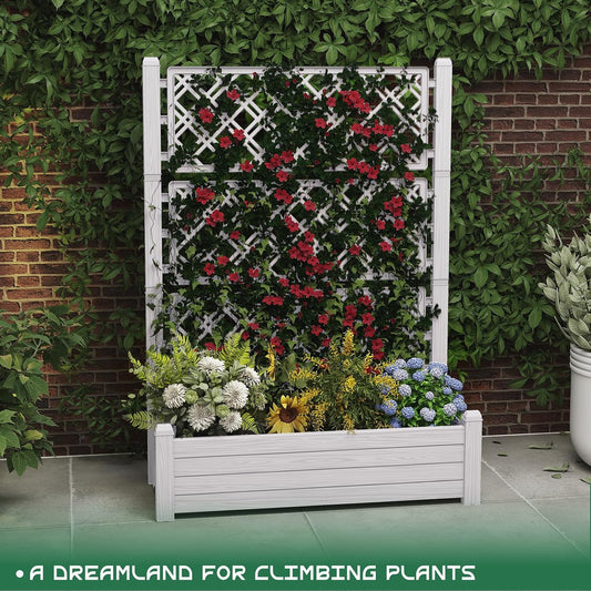 Elevated Raised Garden Bed with Trellis,Resin Planter Boxes Outdoor for Backyard Balcony,Large Patio Planter Box for Herbs Flowers Vegetables(Ashen)