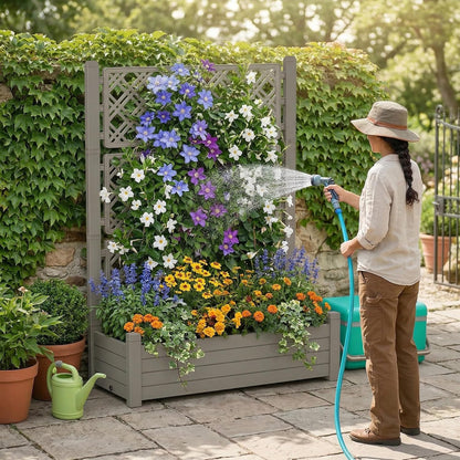 Elevated Raised Garden Bed with Trellis,Resin Planter Boxes Outdoor for Backyard Balcony,Large Patio Planter Box for Herbs Flowers Vegetables(Ashen)