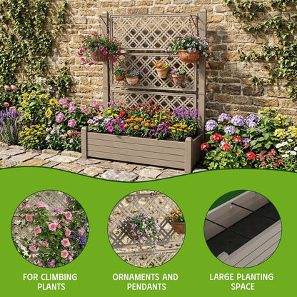 Elevated Raised Garden Bed with Trellis,Resin Planter Boxes Outdoor for Backyard Balcony,Large Patio Planter Box for Herbs Flowers Vegetables(Ashen)