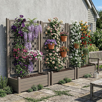 Elevated Raised Garden Bed with Trellis,Resin Planter Boxes Outdoor for Backyard Balcony,Large Patio Planter Box for Herbs Flowers Vegetables(Ashen)