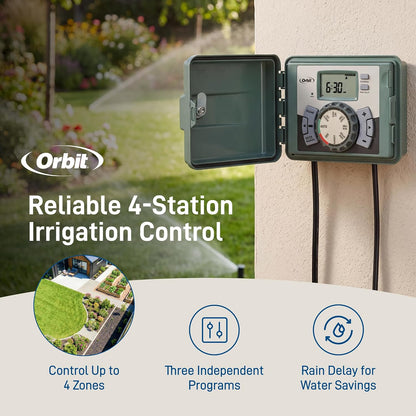 4-Station Outdoor Swing Panel Sprinkler System Timer - for Residential Lawn Watering - Multi-Station Irrigation Controller - Custom Watering Intervals - Indoor/Outdoor Installation - 57894