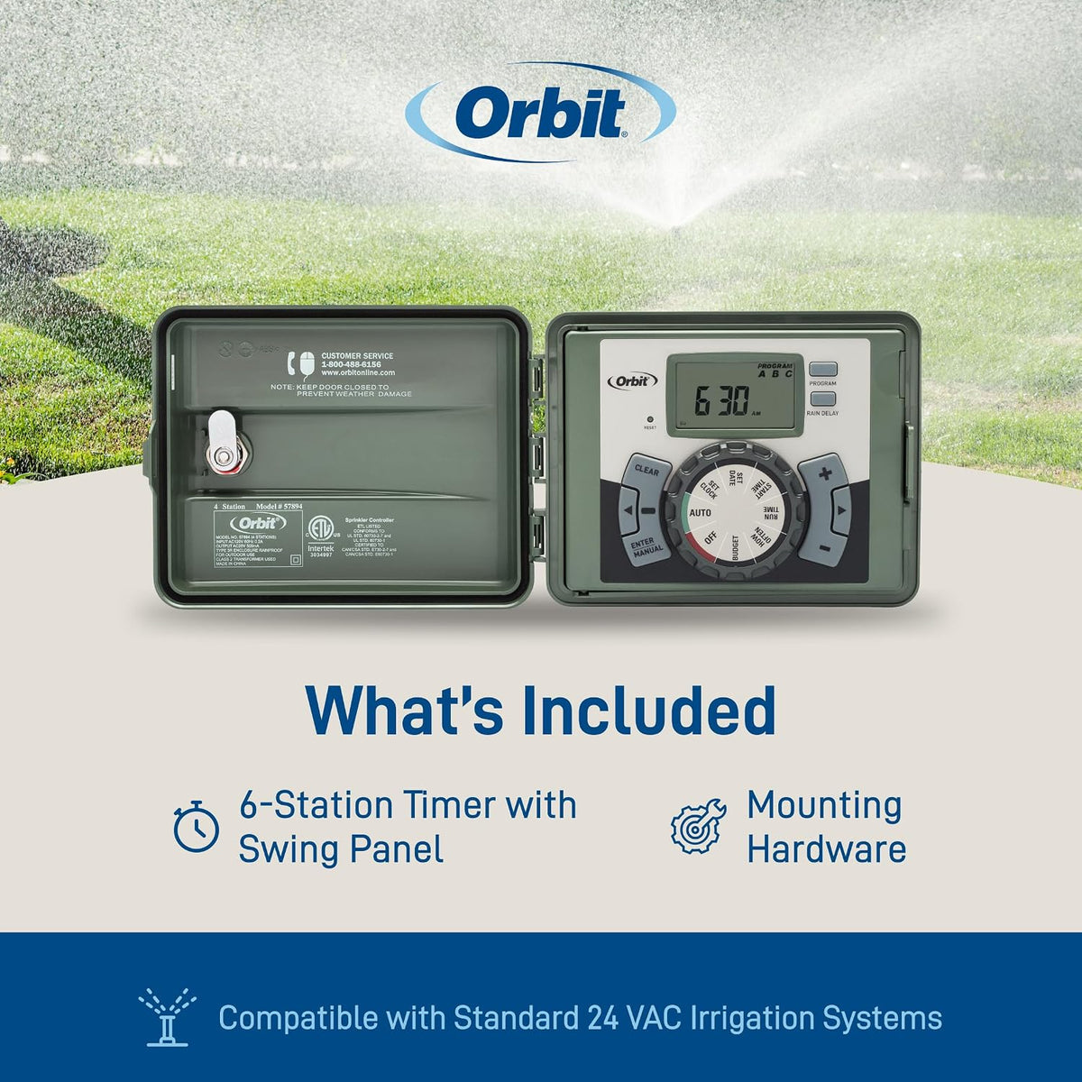 4-Station Outdoor Swing Panel Sprinkler System Timer - for Residential Lawn Watering - Multi-Station Irrigation Controller - Custom Watering Intervals - Indoor/Outdoor Installation - 57894