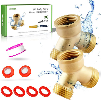 (2 PACK) Solid Brass Lead-Free Body Backyard 2 Way Y Valve Garden Hose Connector MHT 3/4" Inch Thread Splitter Adapter + 4 Silicone Hose Washers
