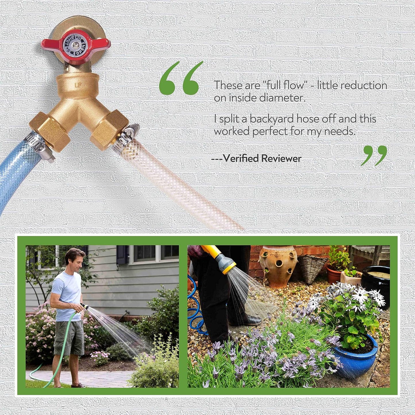 (2 PACK) Solid Brass Lead-Free Body Backyard 2 Way Y Valve Garden Hose Connector MHT 3/4" Inch Thread Splitter Adapter + 4 Silicone Hose Washers