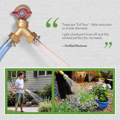 (2 PACK) Solid Brass Lead-Free Body Backyard 2 Way Y Valve Garden Hose Connector MHT 3/4" Inch Thread Splitter Adapter + 4 Silicone Hose Washers