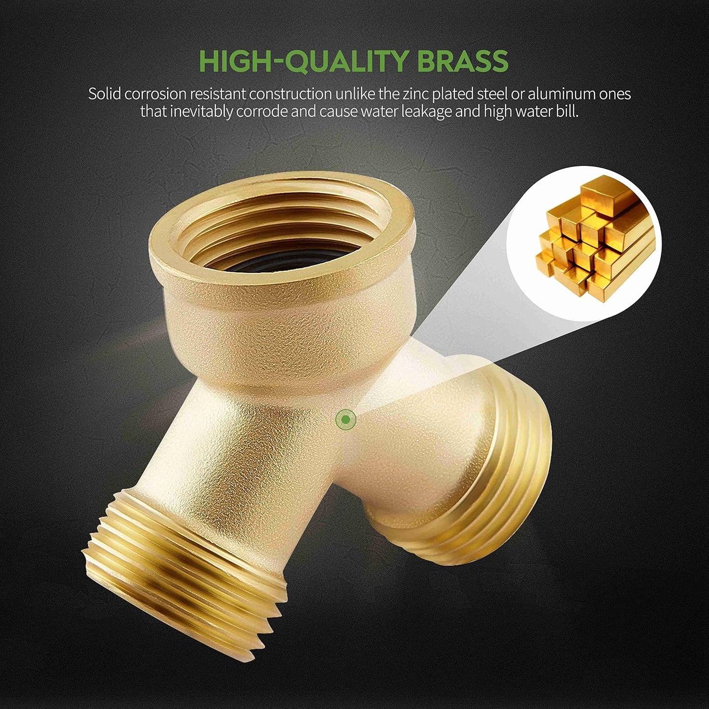 (2 PACK) Solid Brass Lead-Free Body Backyard 2 Way Y Valve Garden Hose Connector MHT 3/4" Inch Thread Splitter Adapter + 4 Silicone Hose Washers