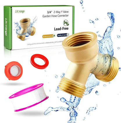 (2 PACK) Solid Brass Lead-Free Body Backyard 2 Way Y Valve Garden Hose Connector MHT 3/4" Inch Thread Splitter Adapter + 4 Silicone Hose Washers