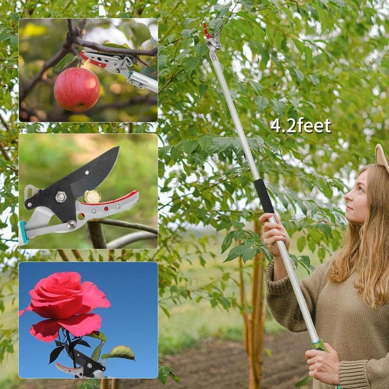 4.2 FT Cut & Hold Pole Pruner, Long Reach Fruit Picker with 180° Rotating Head & SK5 Steel Blade, Cuts Up to 1/2"