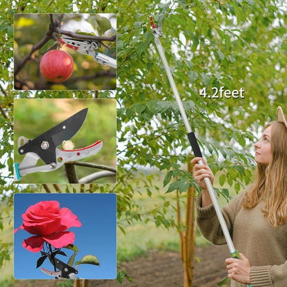 4.2 FT Cut & Hold Pole Pruner, Long Reach Fruit Picker with 180° Rotating Head & SK5 Steel Blade, Cuts Up to 1/2"