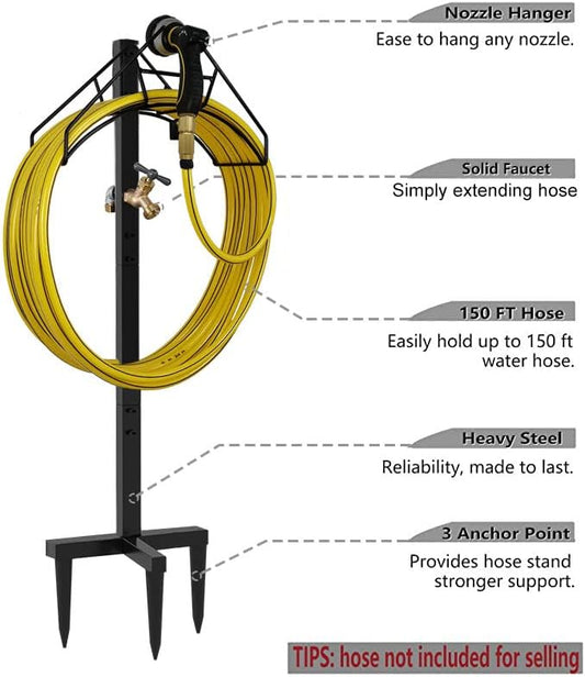 Freestanding Outdoor Garden Hose Holder Stand with Brass Faucet, Heavy Duty Metal Water Hose Reel Storage Stake Rack for Backyard, Black (Hose not Included)
