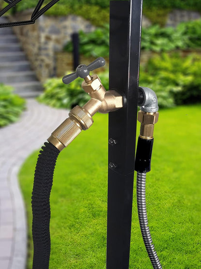 Freestanding Outdoor Garden Hose Holder Stand with Brass Faucet, Heavy Duty Metal Water Hose Reel Storage Stake Rack for Backyard, Black (Hose not Included)