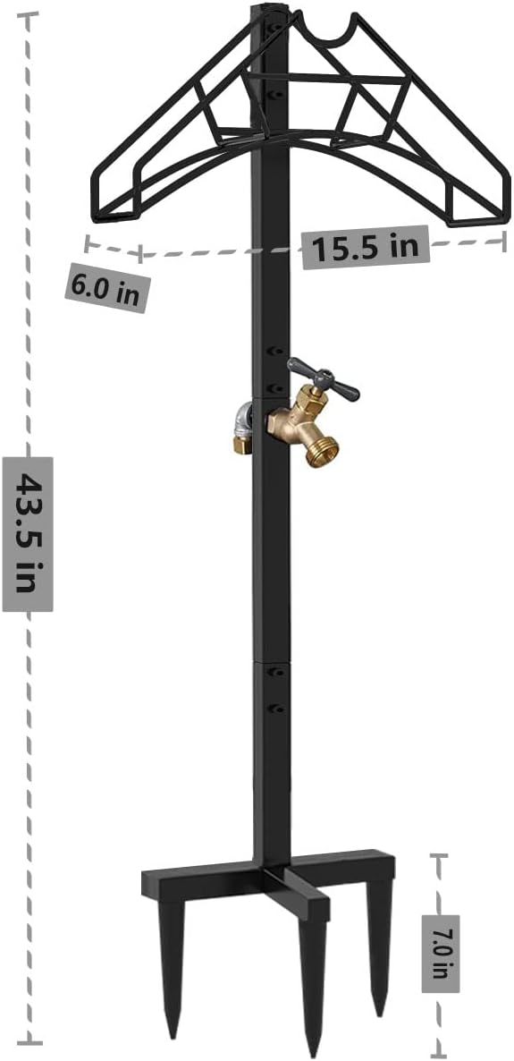 Freestanding Outdoor Garden Hose Holder Stand with Brass Faucet, Heavy Duty Metal Water Hose Reel Storage Stake Rack for Backyard, Black (Hose not Included)