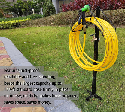 Freestanding Outdoor Garden Hose Holder Stand with Brass Faucet, Heavy Duty Metal Water Hose Reel Storage Stake Rack for Backyard, Black (Hose not Included)