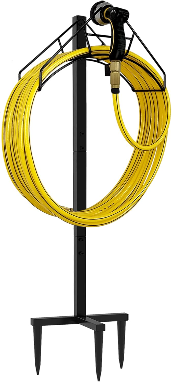Freestanding Outdoor Garden Hose Holder Stand with Brass Faucet, Heavy Duty Metal Water Hose Reel Storage Stake Rack for Backyard, Black (Hose not Included)