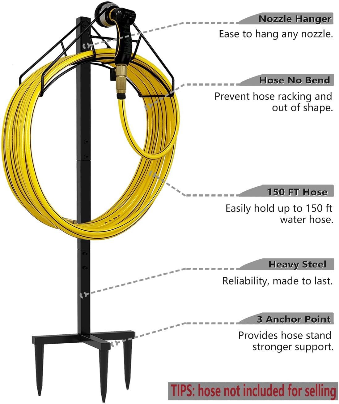 Freestanding Outdoor Garden Hose Holder Stand with Brass Faucet, Heavy Duty Metal Water Hose Reel Storage Stake Rack for Backyard, Black (Hose not Included)