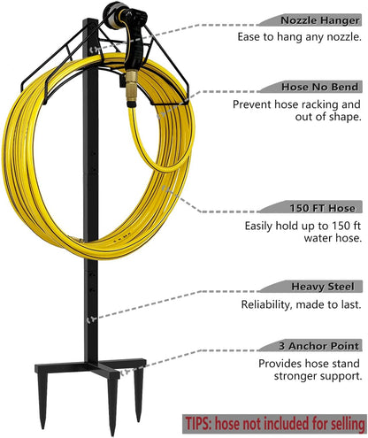 Freestanding Outdoor Garden Hose Holder Stand with Brass Faucet, Heavy Duty Metal Water Hose Reel Storage Stake Rack for Backyard, Black (Hose not Included)