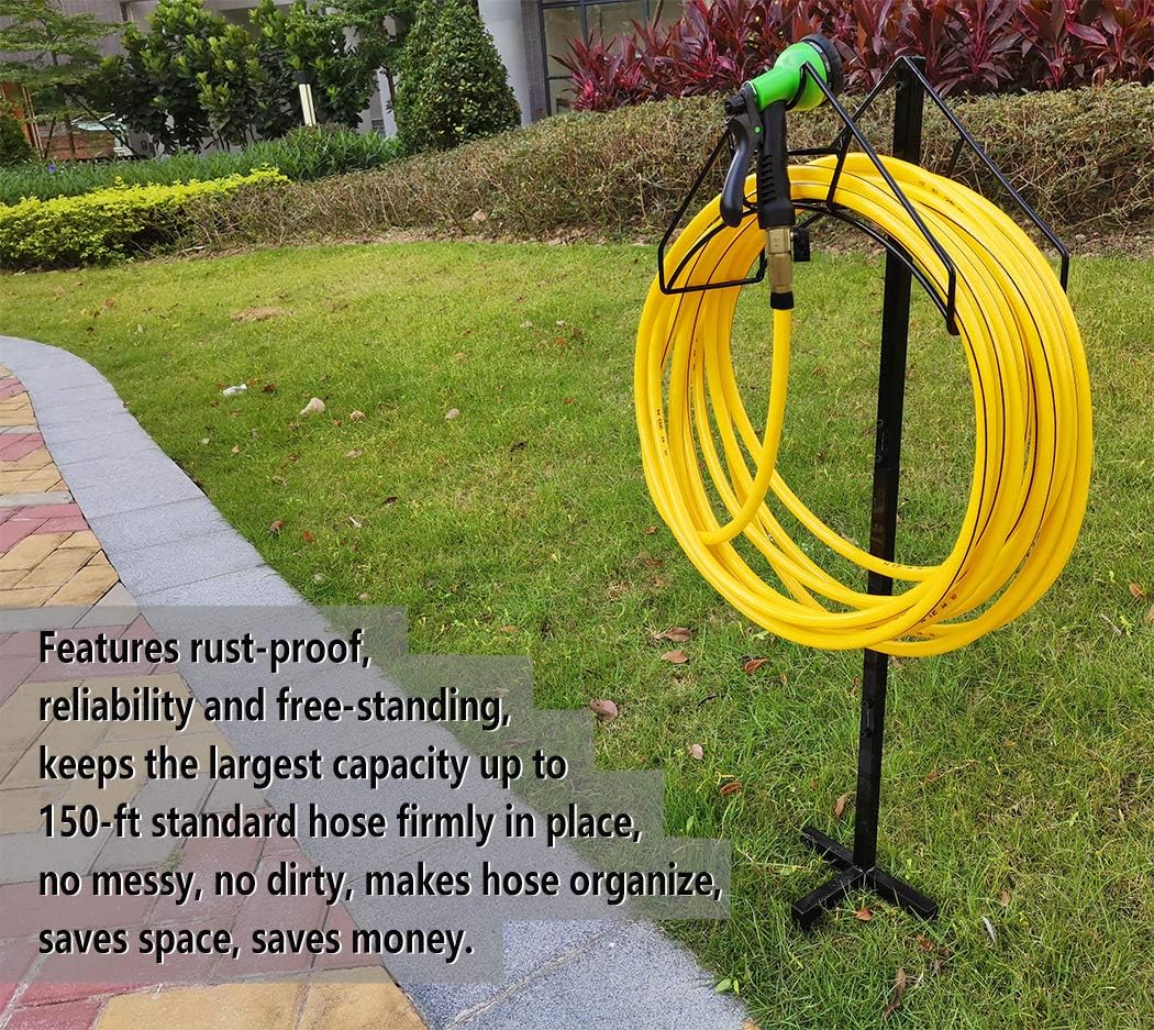 Freestanding Outdoor Garden Hose Holder Stand with Brass Faucet, Heavy Duty Metal Water Hose Reel Storage Stake Rack for Backyard, Black (Hose not Included)