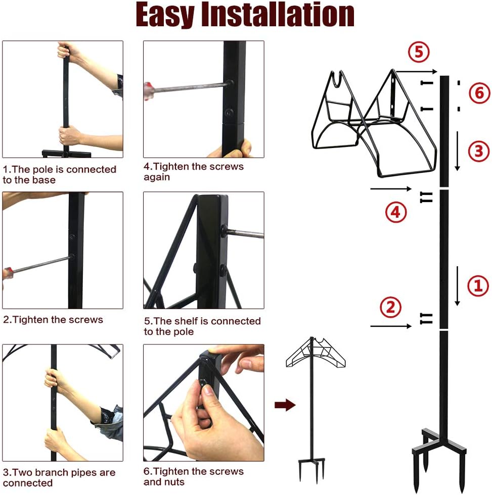 Freestanding Outdoor Garden Hose Holder Stand with Brass Faucet, Heavy Duty Metal Water Hose Reel Storage Stake Rack for Backyard, Black (Hose not Included)