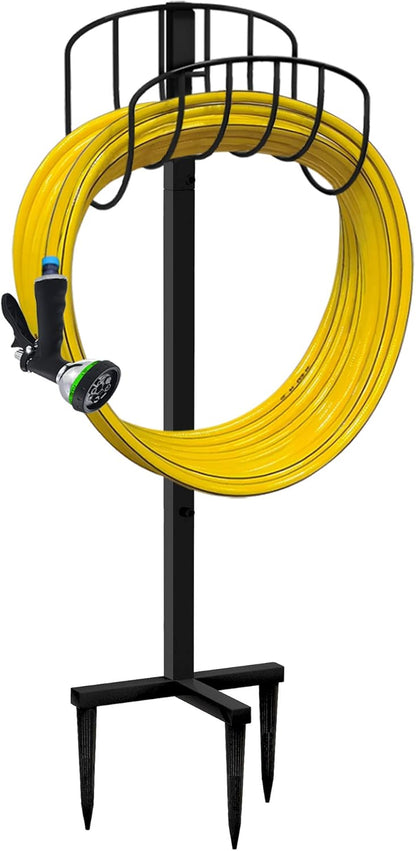 Freestanding Outdoor Garden Hose Holder Stand with Brass Faucet, Heavy Duty Metal Water Hose Reel Storage Stake Rack for Backyard, Black (Hose not Included)