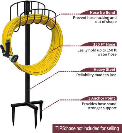 Freestanding Outdoor Garden Hose Holder Stand with Brass Faucet, Heavy Duty Metal Water Hose Reel Storage Stake Rack for Backyard, Black (Hose not Included)