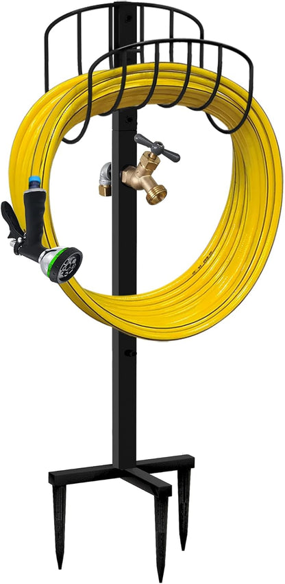 Freestanding Outdoor Garden Hose Holder Stand with Brass Faucet, Heavy Duty Metal Water Hose Reel Storage Stake Rack for Backyard, Black (Hose not Included)