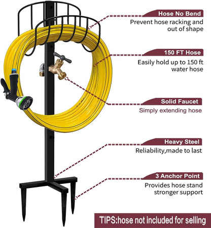 Freestanding Outdoor Garden Hose Holder Stand with Brass Faucet, Heavy Duty Metal Water Hose Reel Storage Stake Rack for Backyard, Black (Hose not Included)