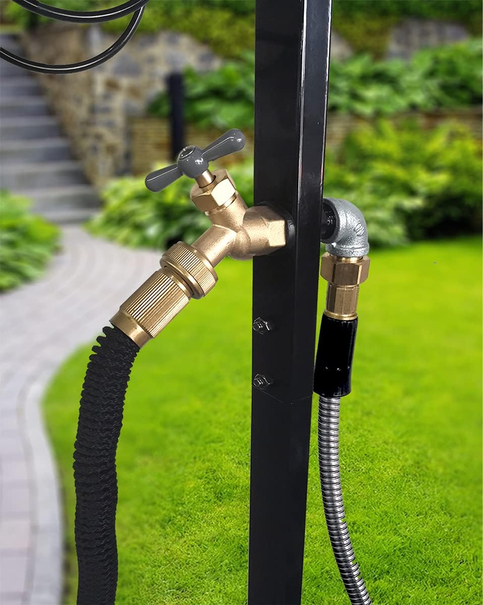 Freestanding Outdoor Garden Hose Holder Stand with Brass Faucet, Heavy Duty Metal Water Hose Reel Storage Stake Rack for Backyard, Black (Hose not Included)