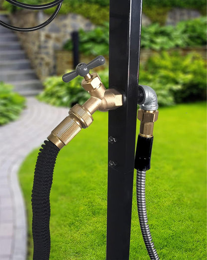 Freestanding Outdoor Garden Hose Holder Stand with Brass Faucet, Heavy Duty Metal Water Hose Reel Storage Stake Rack for Backyard, Black (Hose not Included)