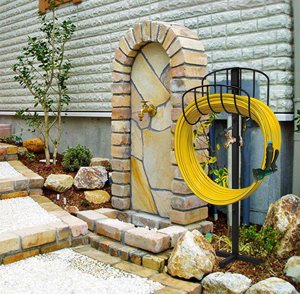 Freestanding Outdoor Garden Hose Holder Stand with Brass Faucet, Heavy Duty Metal Water Hose Reel Storage Stake Rack for Backyard, Black (Hose not Included)